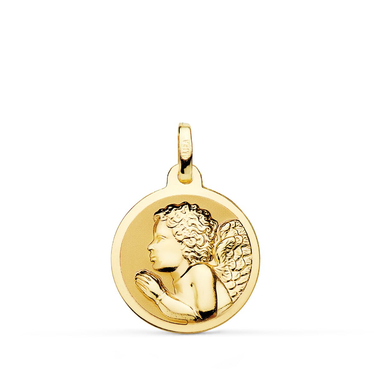 Medalla Angel Niño Piadoso Rezando Brillo 18 mm de oro amarillo 18K