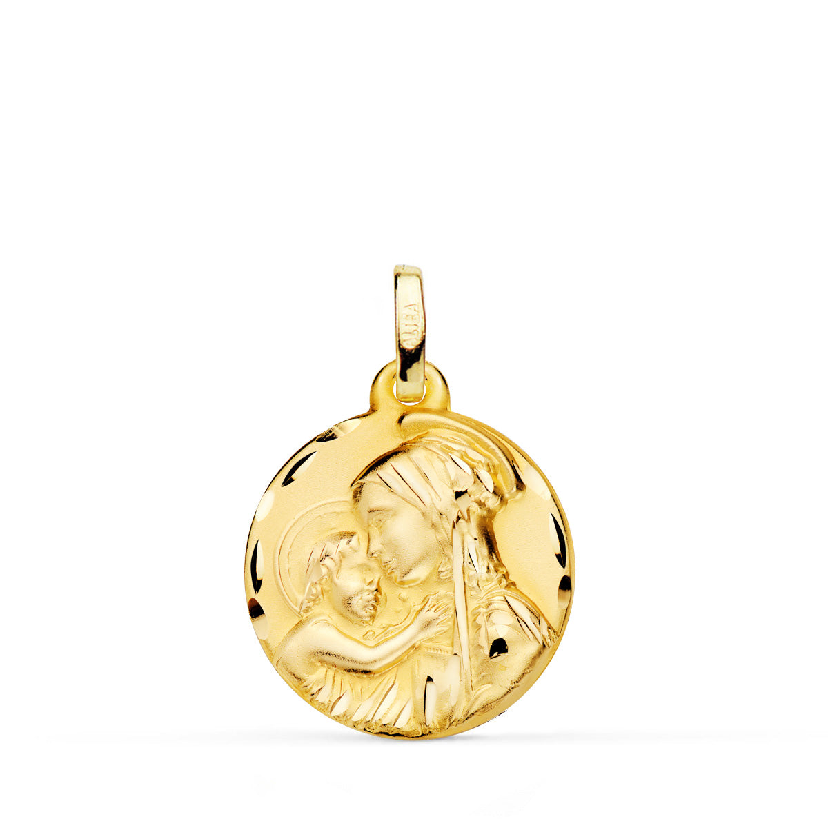 Medalla Madre " Divina Ternura " Tallada 18 mm de oro amarillo 18K