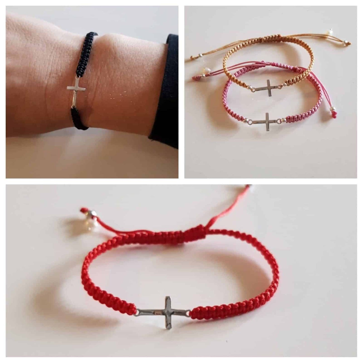 Pulsera cruz macramé de plata de ley