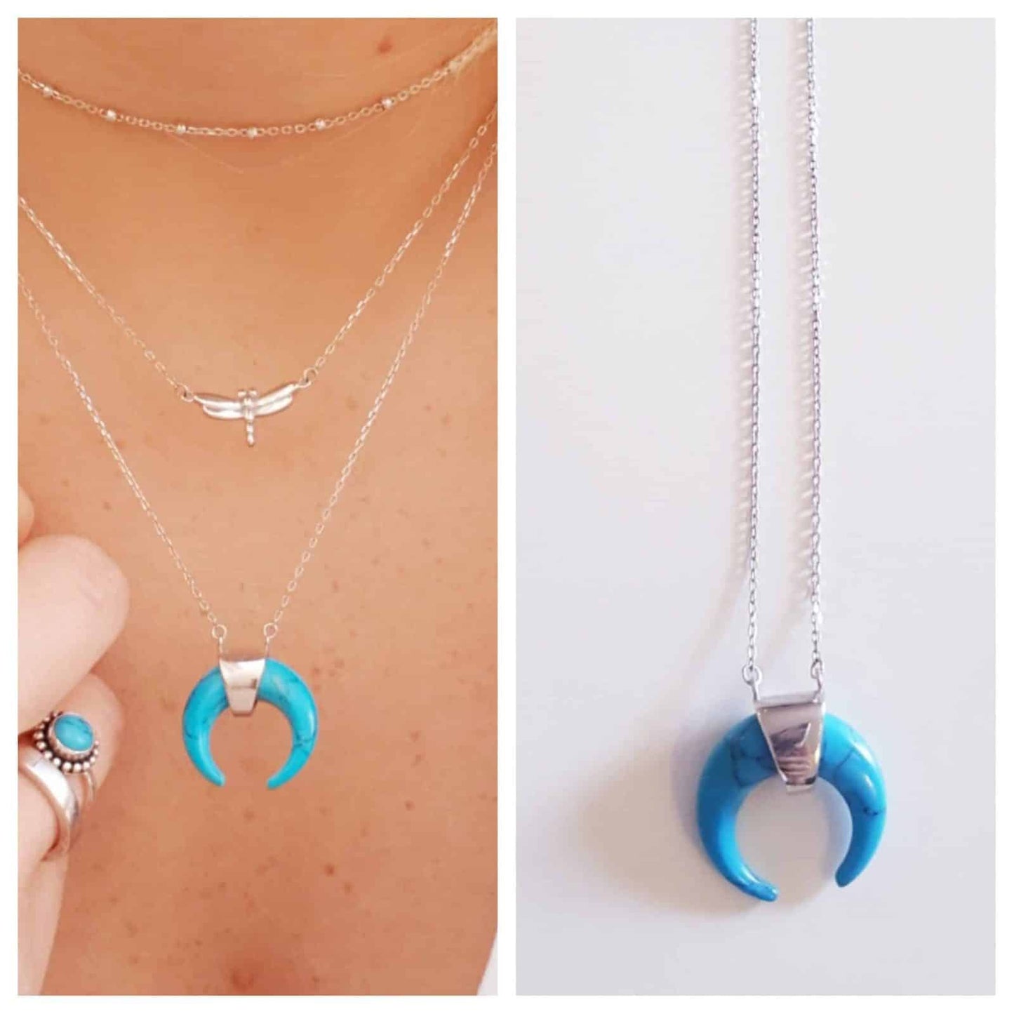 Collar luna creciente turquesa de plata de ley
