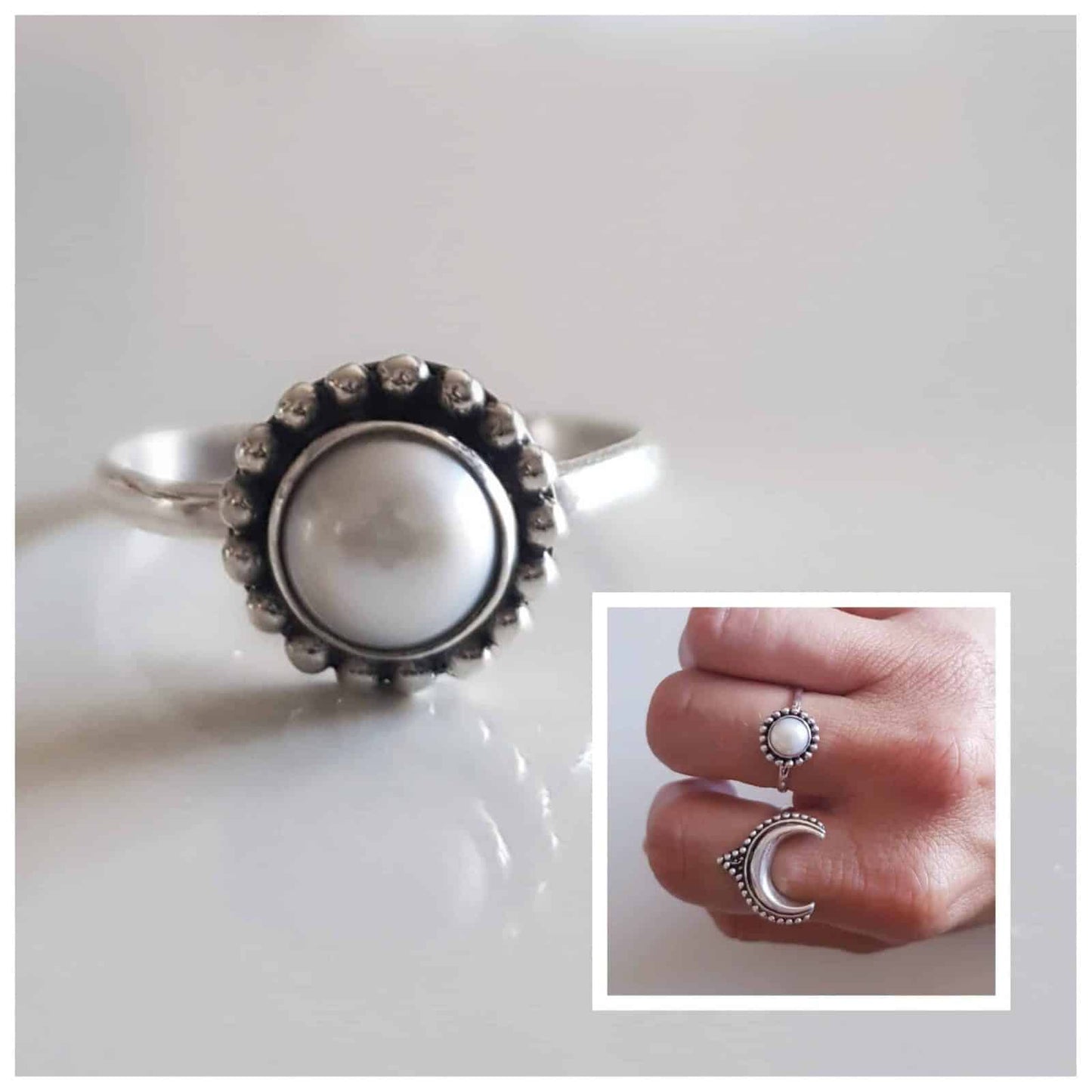 Anillo perla bohemio de plata de ley