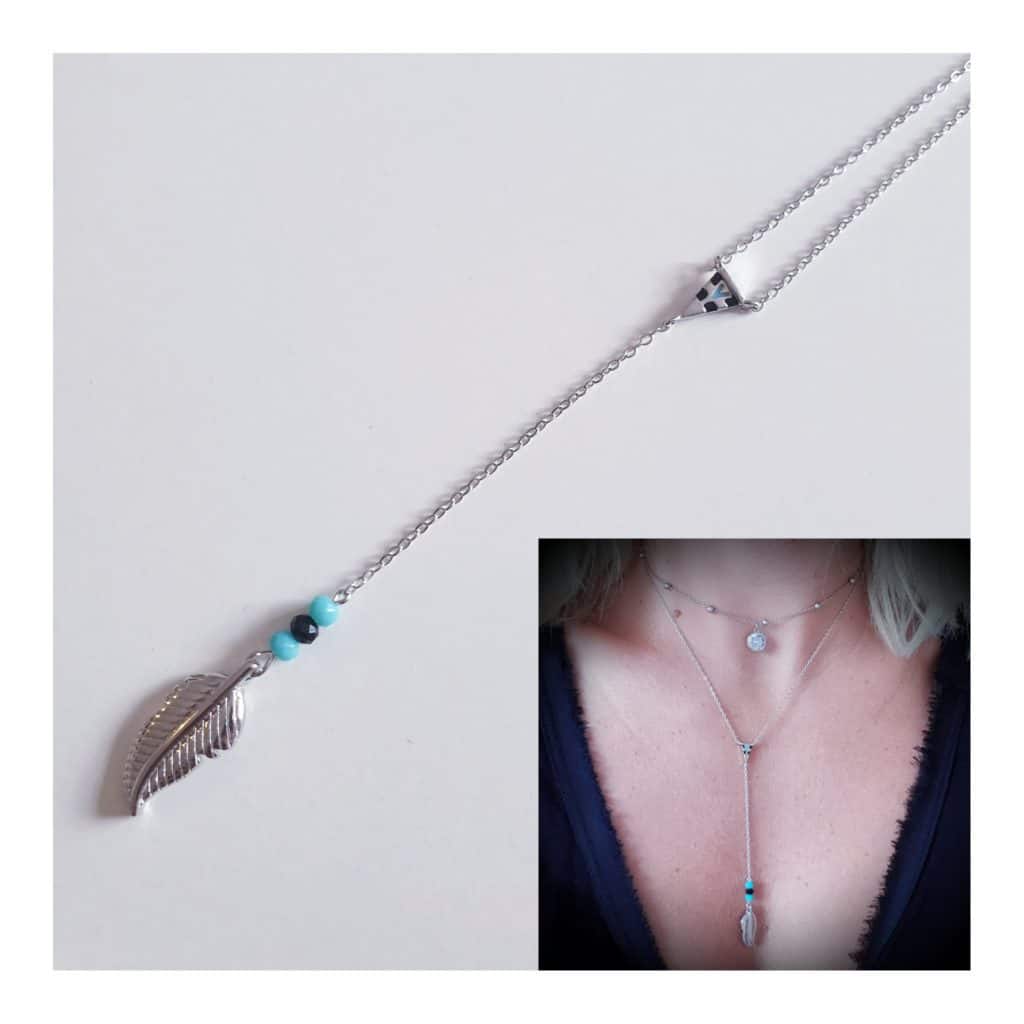 Collar hoja pluma blue de plata de ley