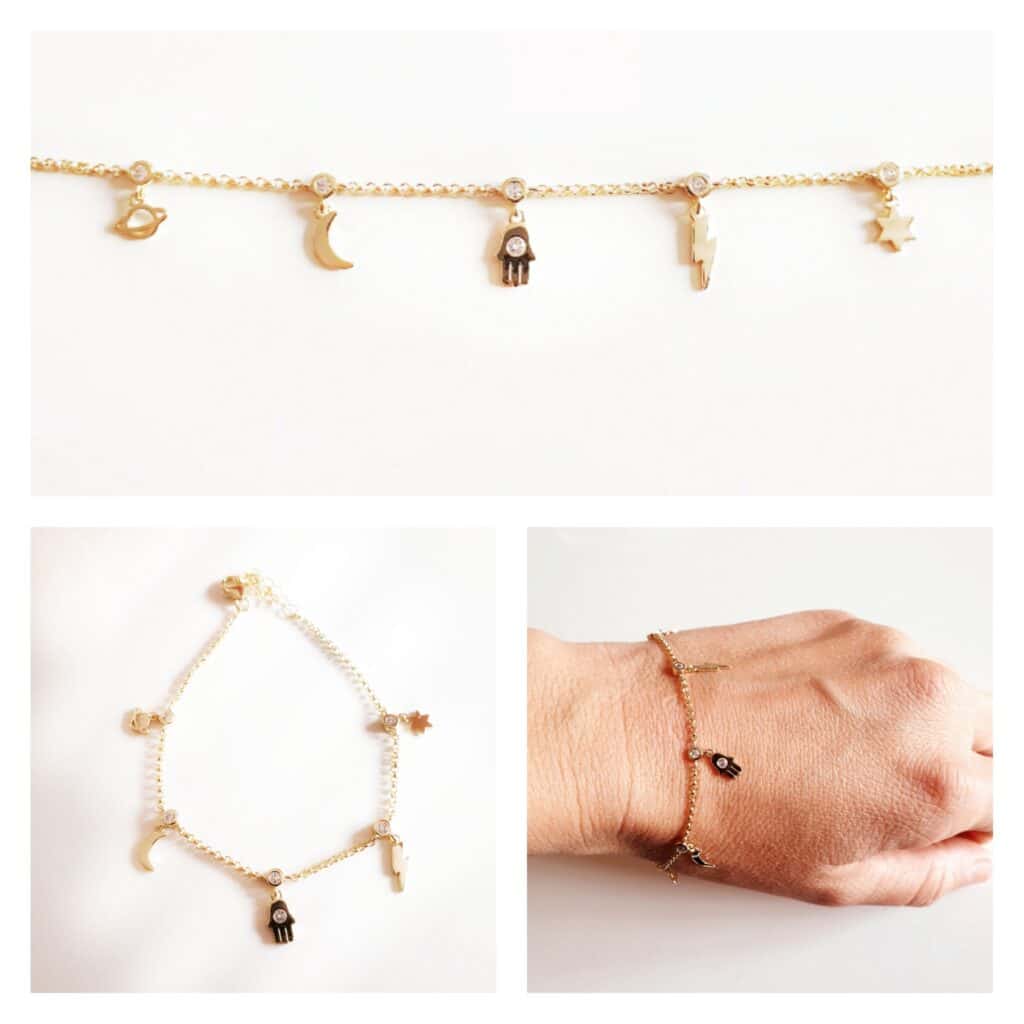 Pulsera oro mano, rayo, planeta, luna y estrella de plata de ley