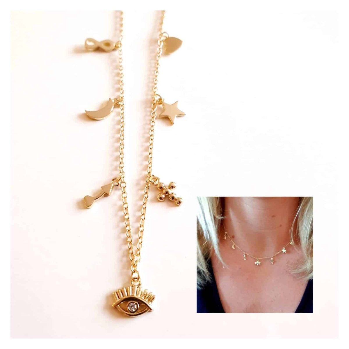Collar oro ojo de plata de ley con baño de oro de 14 quilates - vista adicional