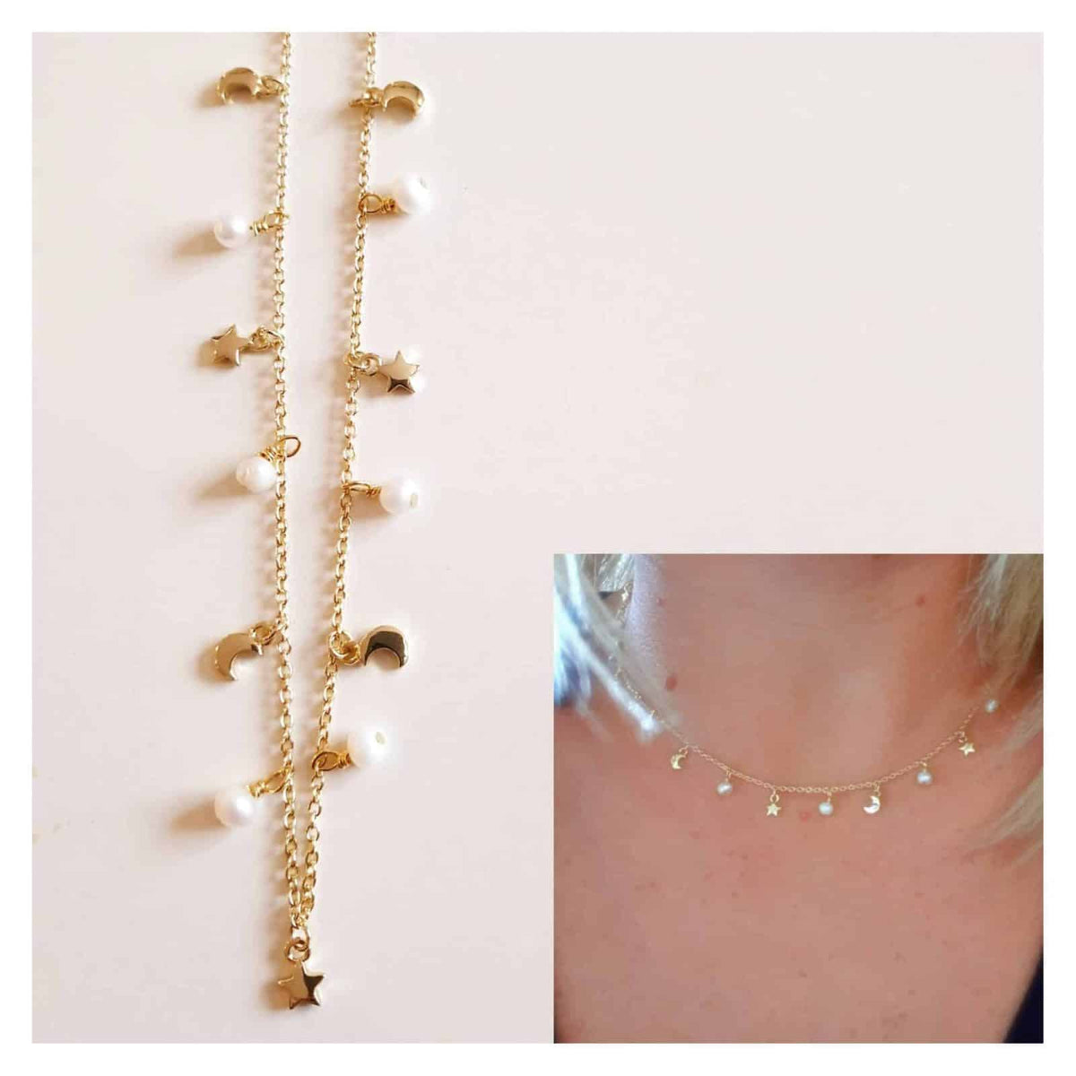 Collar perlas con estrellas y lunas de plata de ley con baño de oro de 14 quilates - vista adicional