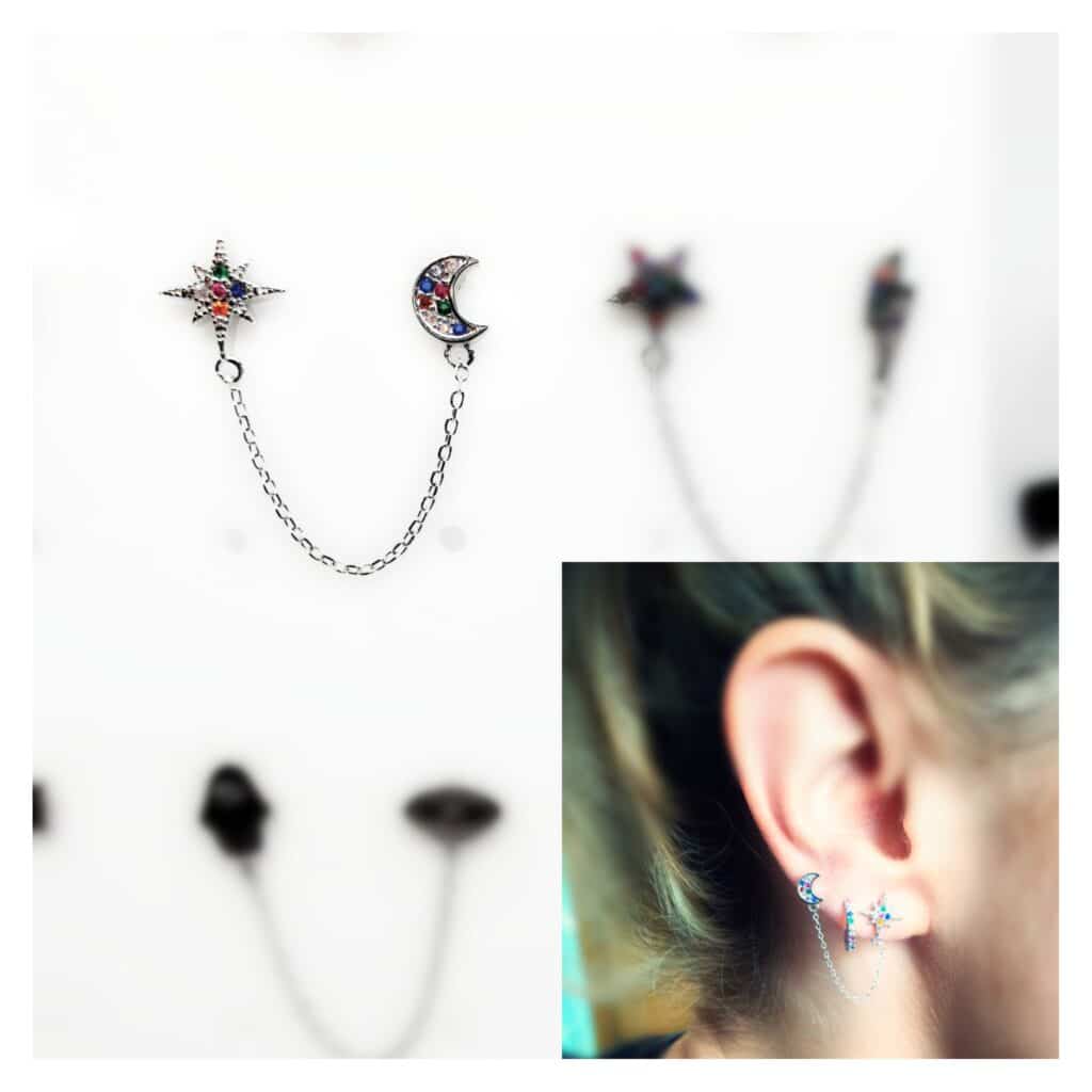 Pendientes dos en uno estrella multicolor de plata de ley