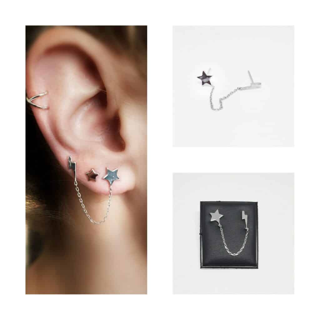 Pendientes dos en uno cadena luna y estrella de plata de ley