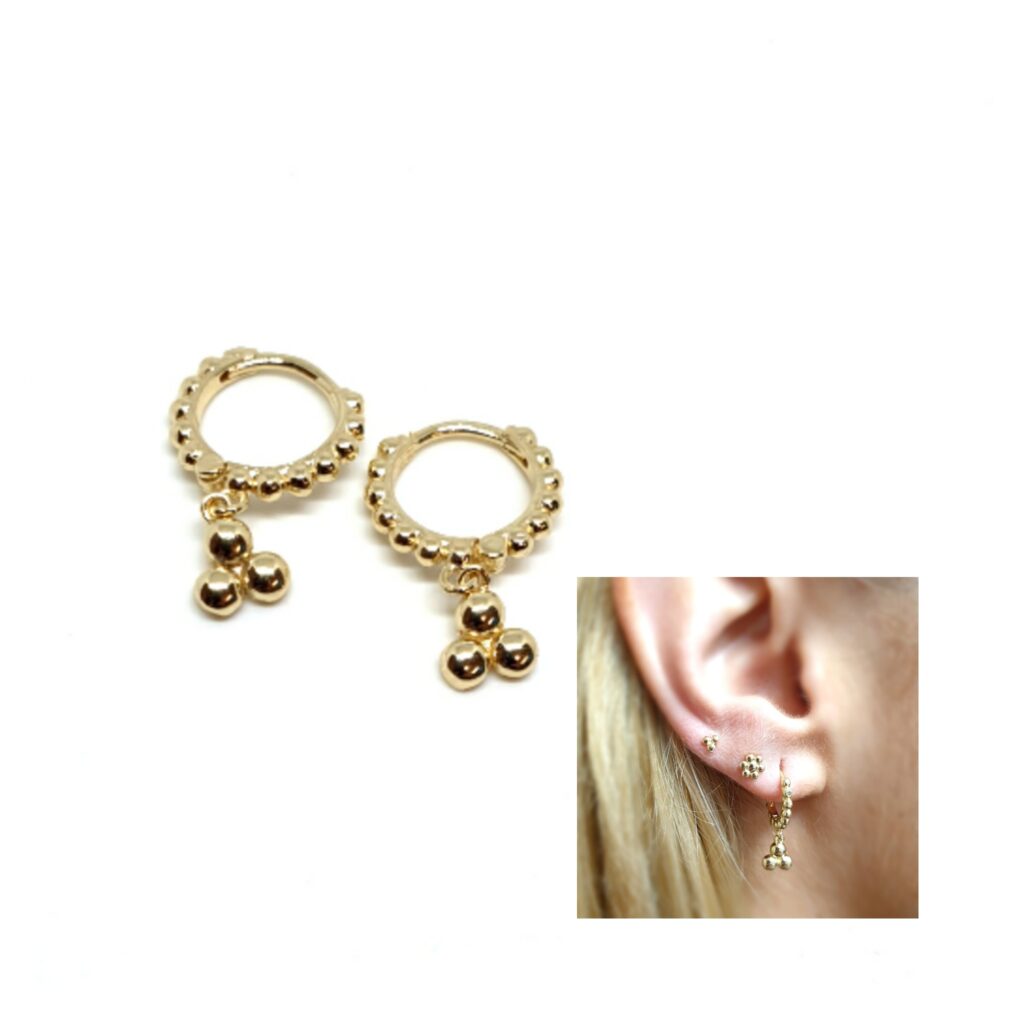 Pendientes aros oro triple bola de plata de ley
