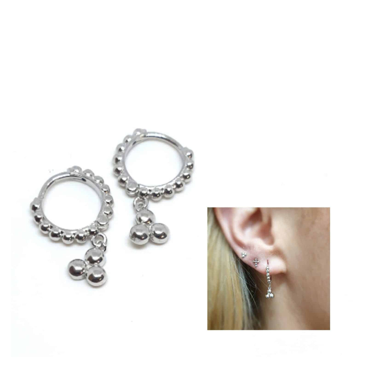 Pendientes aro triple bolita de plata de ley - vista adicional