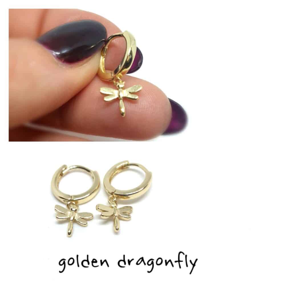 Pendientes aritos dragonfly golden de plata de ley