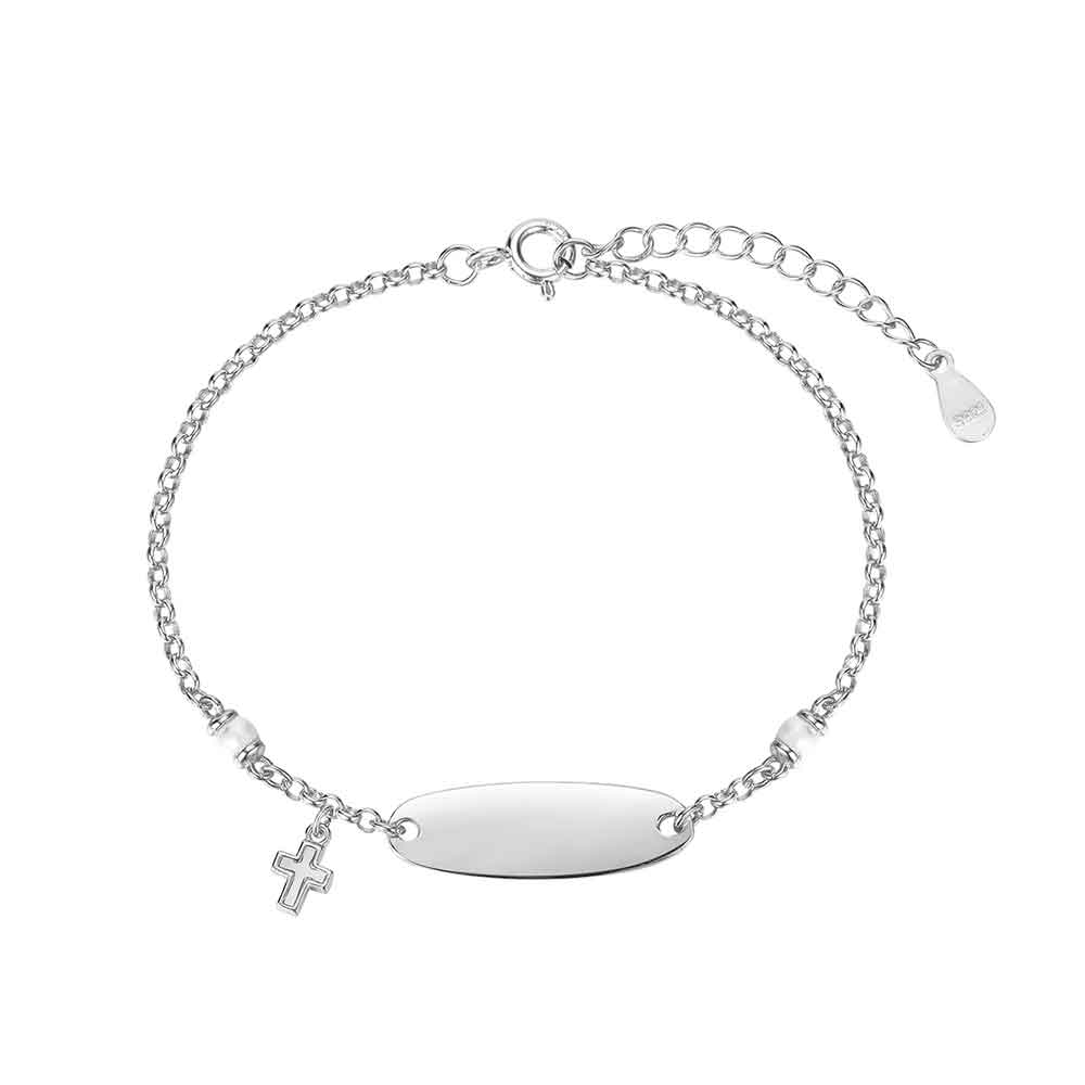 Pulsera de plata rodiada con perlas,chapa y cruz de nácar