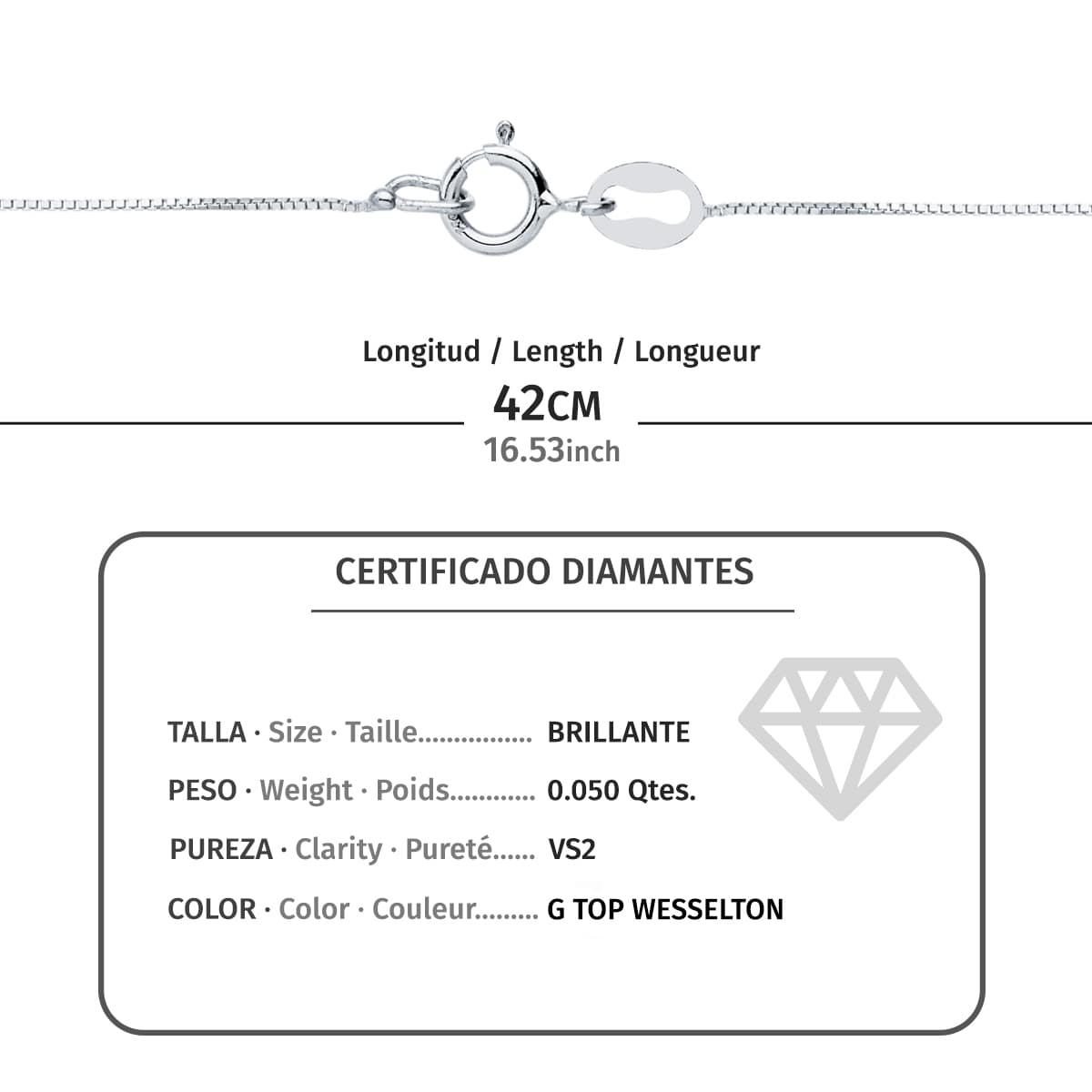 18K GARGANTILLA ORO BLANCO ROMBO DIAMANTE 0.050 QTS. G-VS2. CADENA 42CM