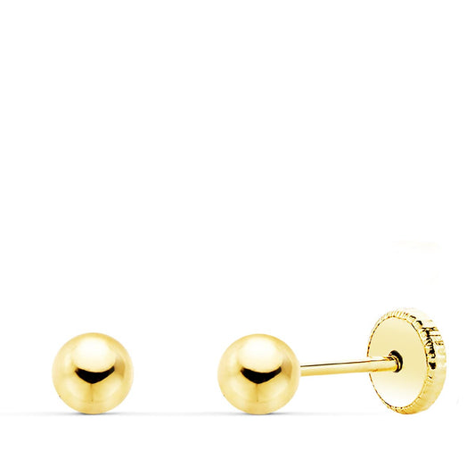 18K PENDIENTES ORO AMARILLO BOLA LISA 4 MM CIERRE TUERCA