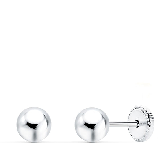 18K PENDIENTES ORO BLANCO BOLA LISA 5 MM CIERRE TUERCA