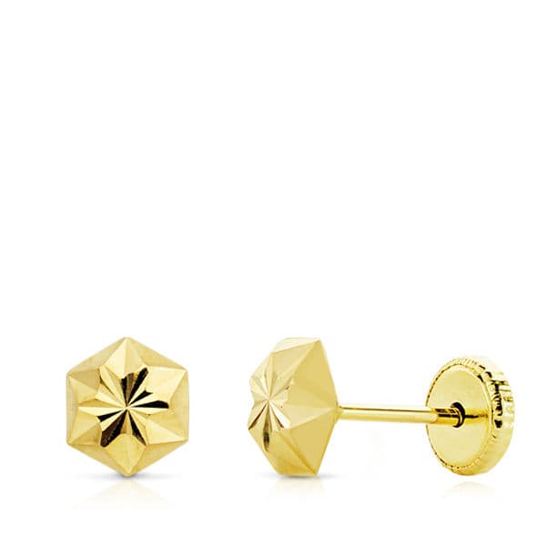 18K PENDIENTES ORO AMARILLO CLAVO ESTRELLA TALLADOS 5 MM CIERRE TUERCA