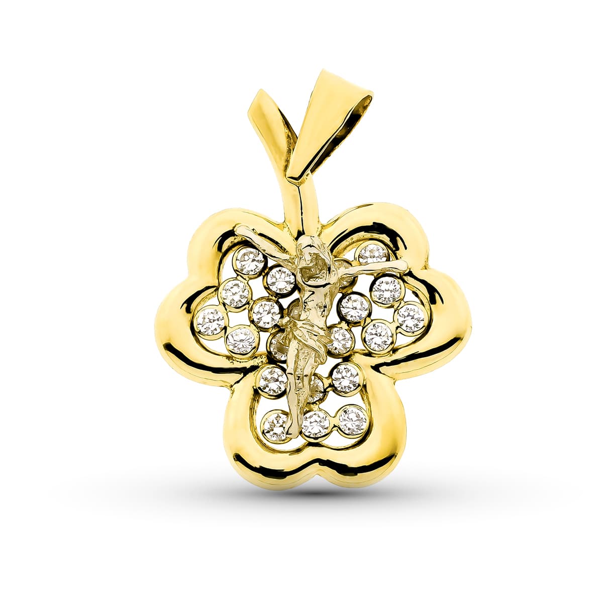 Colgante Trebol Cristo. 27 x 20 mm de oro amarillo 18K