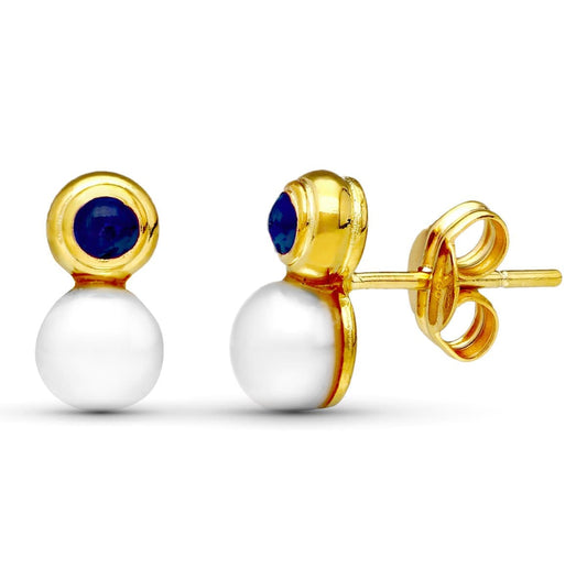 18K PENDIENTES ORO AMARILLO PERLA Y PIEDRA AZUL 10X5 MM CIERRE PRESION