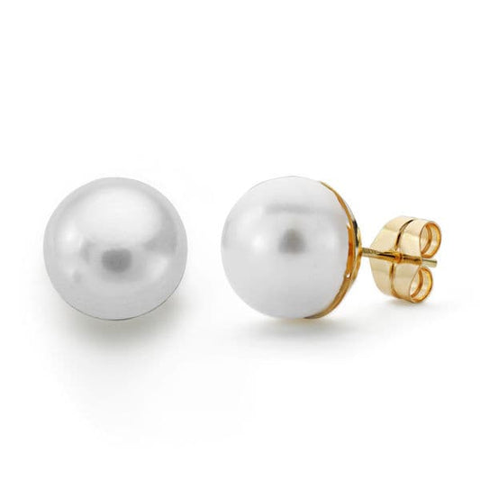 18K PENDIENTES PERLA BOTON ORO AMARILLO 10 A 11 MM PRESION