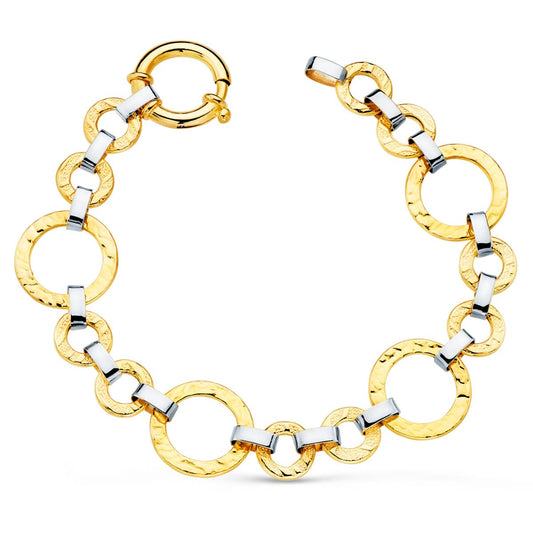 18K PULSERA ORO BICOLOR ESLABONES REDONDOS ANCHO 16 MM LARGO 20CM