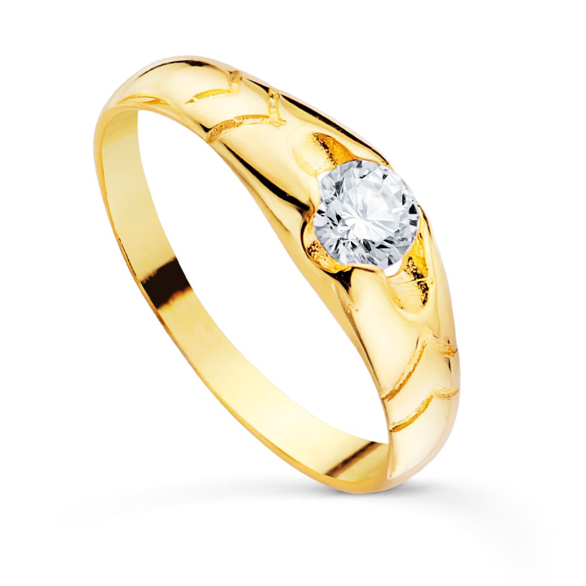 18K SOLITARIO ORO AMARILLO CADETE MACIZO BRILLO CIRCONITA 4.5 MM ANCHO 5.5 MM