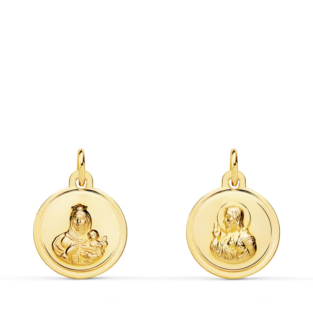 18K ESCAPULARIO ORO AMARILLO BISEL ORO AMARILLO VIRGEN DEL CARMEN CORAZON DE JESUS 12 MM