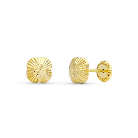 18K PENDIENTES ORO AMARILLO FLOR TALLADAS. 6X6 MM CIERRE TUERCA
