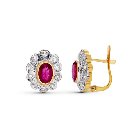 18K PENDIENTES ORO BICOLOR PIEDRA OVAL Y CIRCONITA CIERRE CATALAN