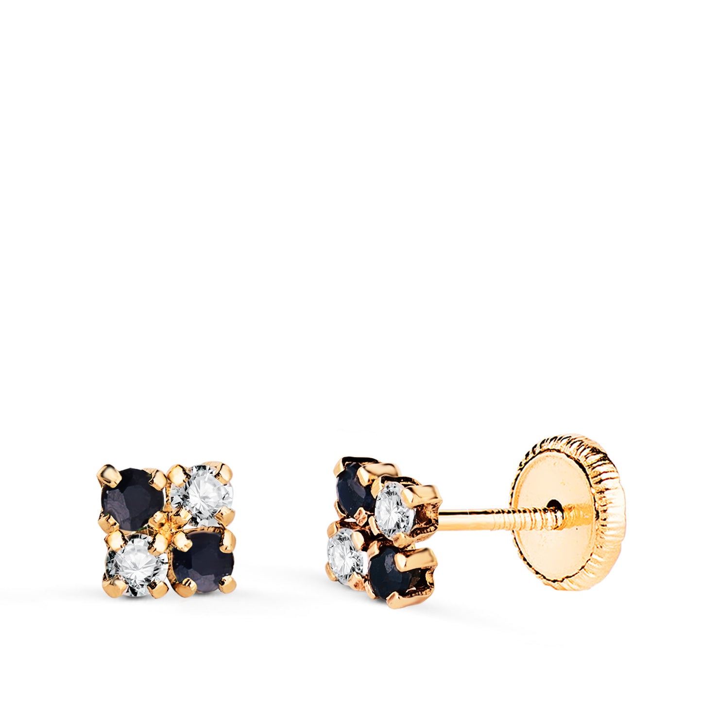 18K PENDIENTES ORO AMARILLO CUADRADOS CON CIRCONITA Y ZAFIROS. MEDIDA: 4,5 X 4,5 MM. CIERRE TUERCA