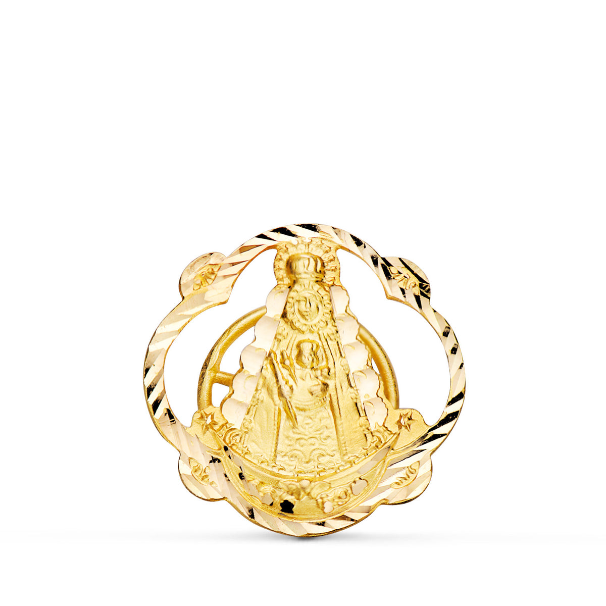 Insignia Solapa Virgen del Rocio Tallada 20 x 20 mm de oro amarillo 18K