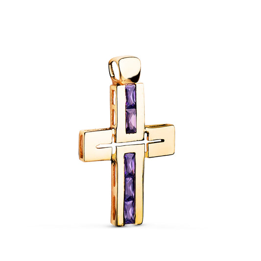 18K CRUZ ORO AMARILLO PIEDRAS BAGUETTE CIRCONITAS COLOR AMATISTA. 29 X 18 MM