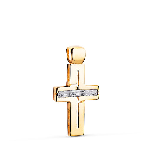 18K CRUZ ORO AMARILLO PIEDRAS BAGUETTE CIRCONITAS BLANCAS. 25 X 13 MM