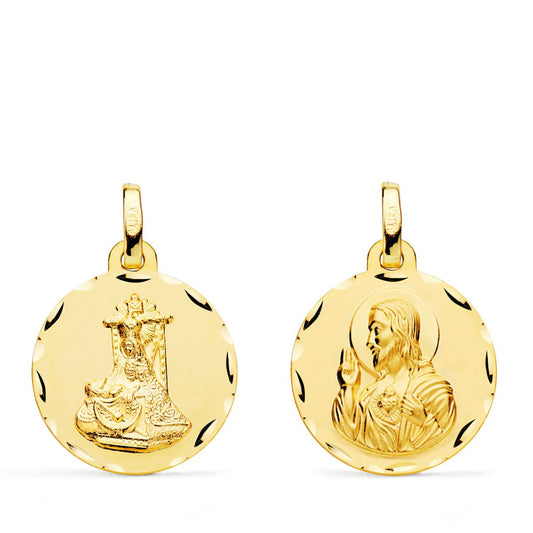 Medalla Escapulario Virgen de Las Angustias y Corazon de Jesus Tallada 18 mm de oro amarillo 18K