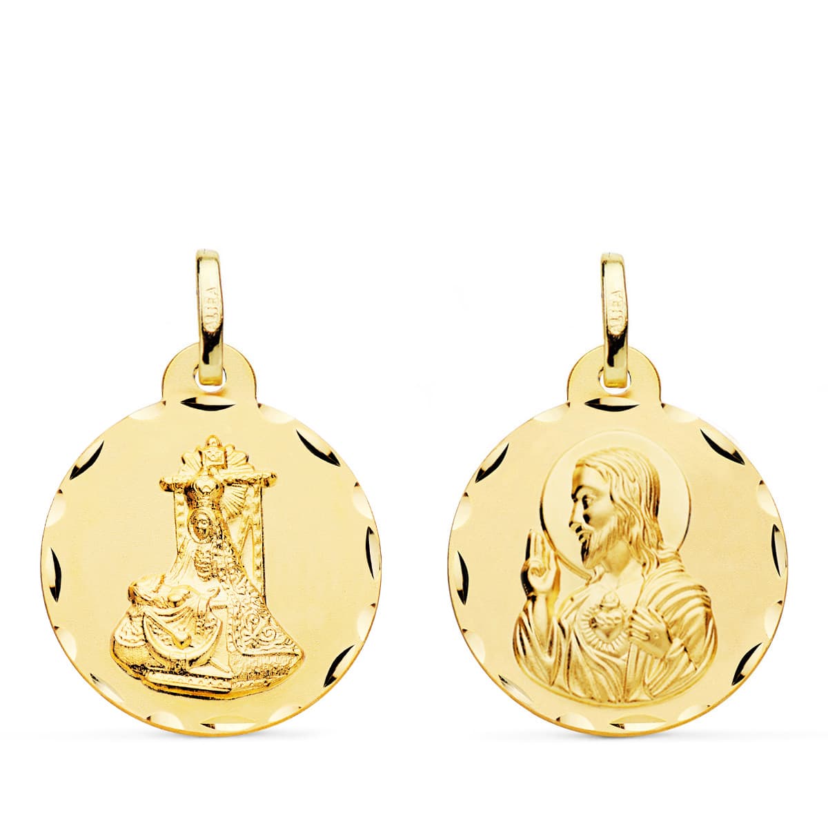 Medalla Escapulario Virgen de Las Angustias y Corazon de Jesus Tallada 20 mm de oro amarillo 18K