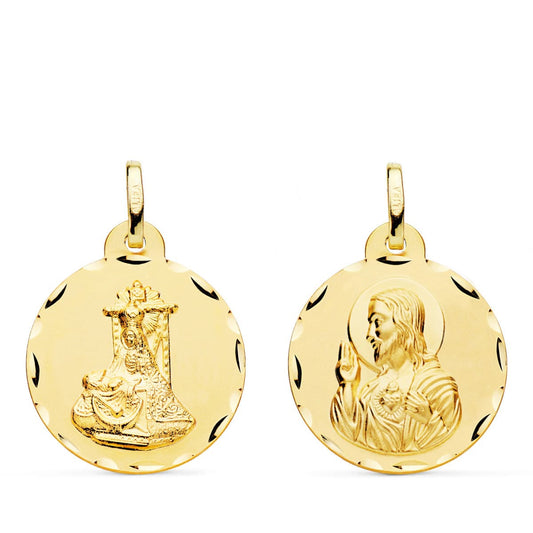 Medalla Escapulario Virgen de Las Angustias y Corazon de Jesus Tallada 20 mm de oro amarillo 18K