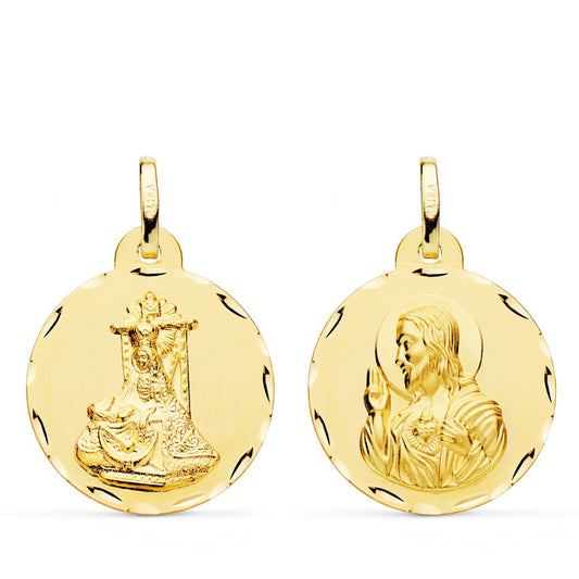 Medalla Escapulario Virgen de Las Angustias y Corazon de Jesus Tallada 22 mm de oro amarillo 18K