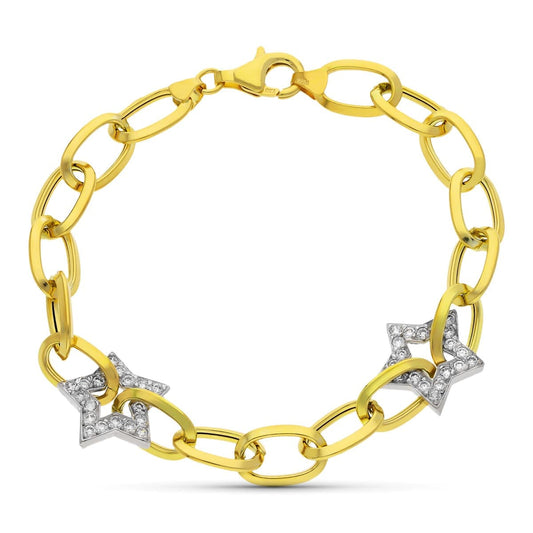 Pulsera Bicolor Eslabones y Estrellas Circonita 20 cm 18K
