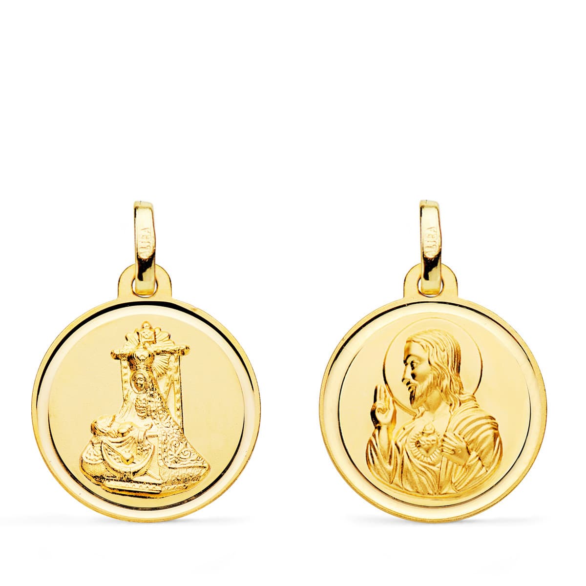Medalla Virgen Angustias-corazon Jesus 18 mm de oro amarillo 18K