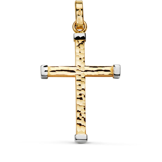 18K CRUZ ORO BICOLOR HUECA TALLADA PALO CUADRADO 3X3 MM. MEDIDA: 39 X 24 MM