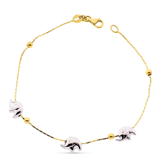 18K PULSERA ORO BICOLOR ELEFANTESY BOLAS LISAS 19CM
