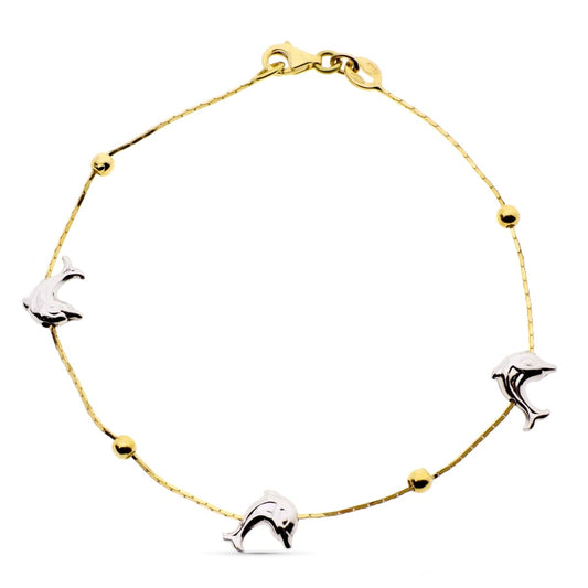 Pulsera Bicolor Delfines y Bolas Lisas 19 cm 18K