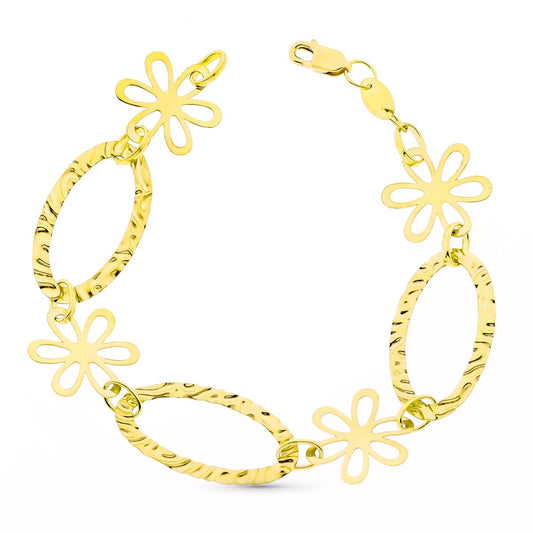 Pulsera Eslabones y Flores 19 cm de oro amarillo 18K