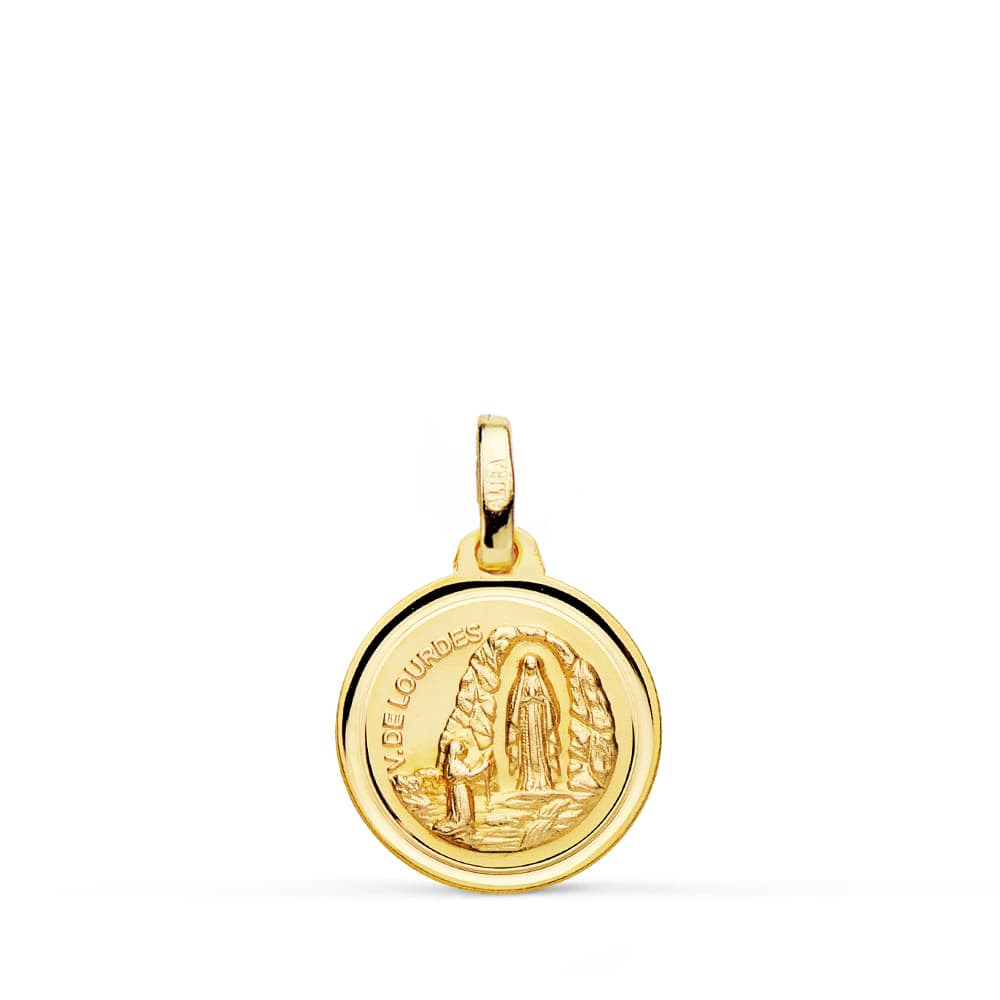 Medalla Virgen de Lourdes 14 mm Bisel de oro amarillo 18K