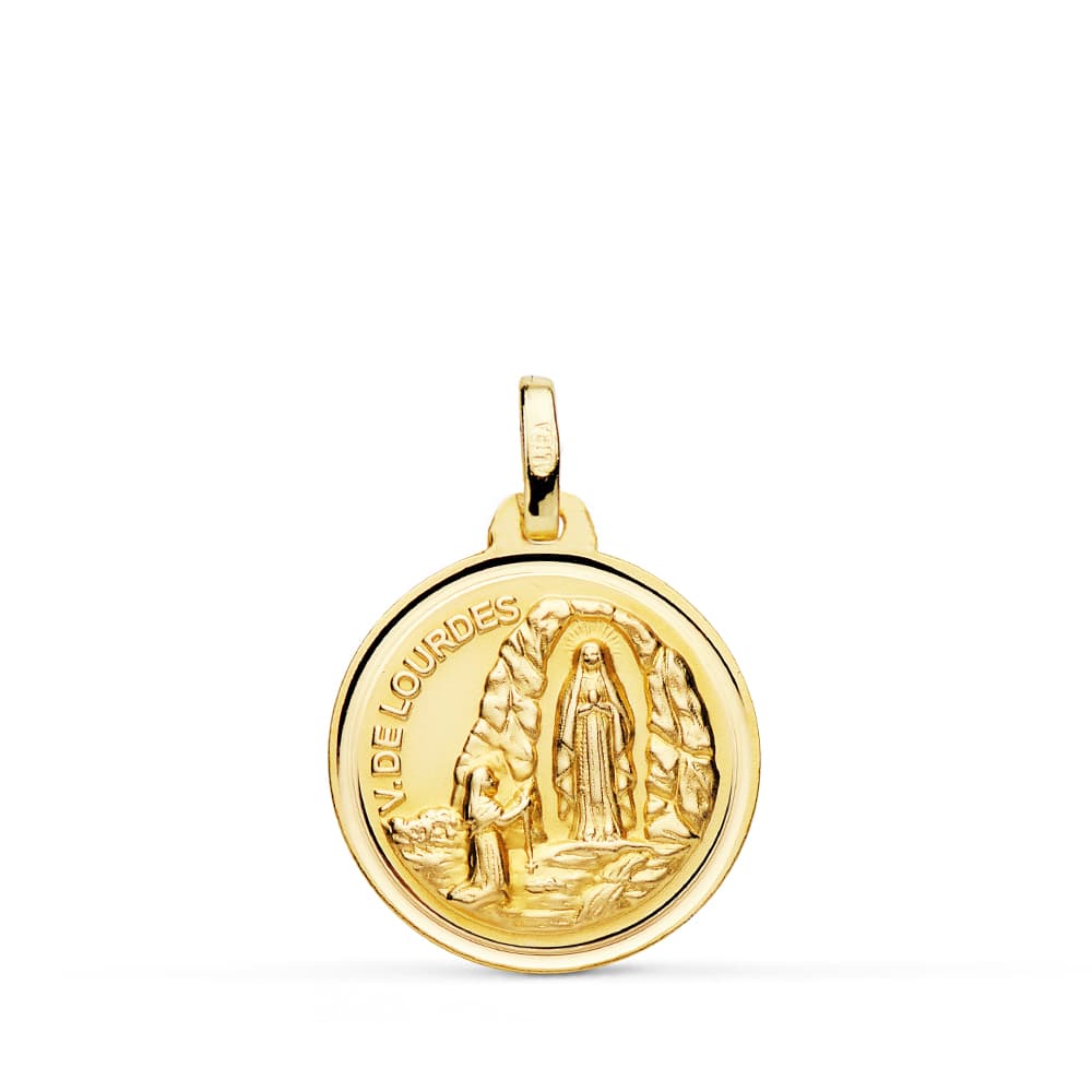 Medalla Virgen de Lourdes 18 mm Bisel de oro amarillo 18K
