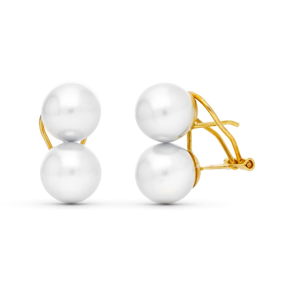 18K PENDIENTES ORO AMARILLO PERLA SINTETICA 9 MM CIERRE OMEGA