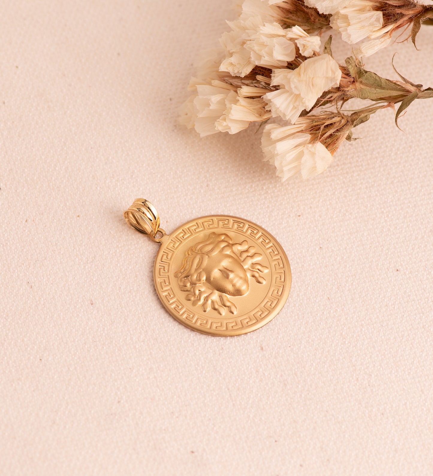 Medalla Medusa con Borde de Greca Matizada 25 mm de oro amarillo 18K