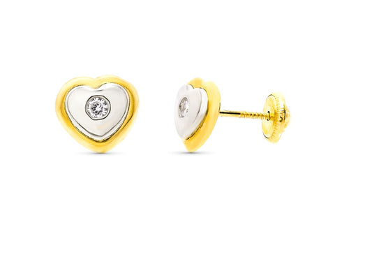 18K PENDIENTES ORO BICOLOR CORAZON 8X7 MM CIERRE TUERCA