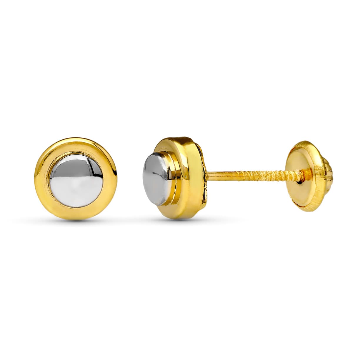 18K PENDIENTES ORO BICOLOR REDONDOS 6 MM CIERRE TUERCA