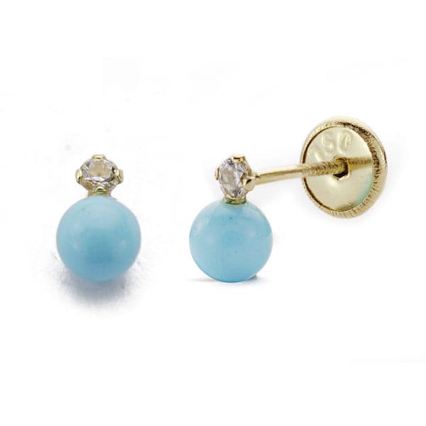 18K PENDIENTES ORO AMARILLO TURQUESA CIRCONITA 6X4 MM. CIERRE TUERCA