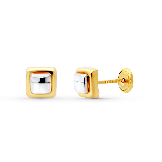 18K PENDIENTES ORO BICOLOR CUADRADO 6X6 MM. CIERRE TUERCA