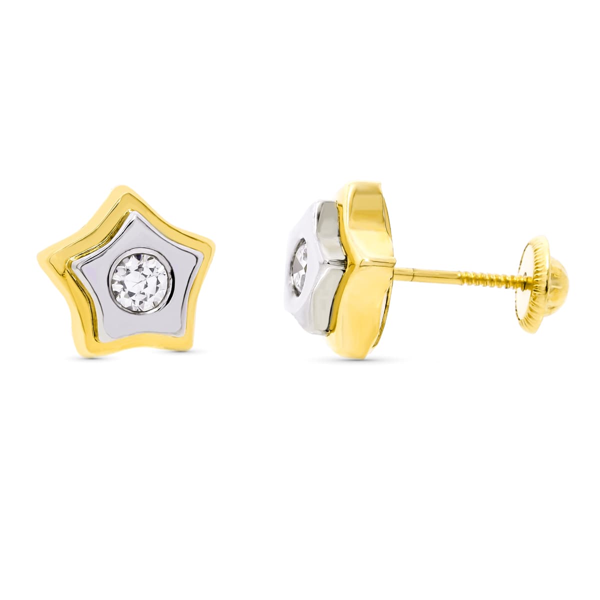 Pendientes Bicolor Estrella Circonita 9 x 9 mm Cierre Tuerca 18K
